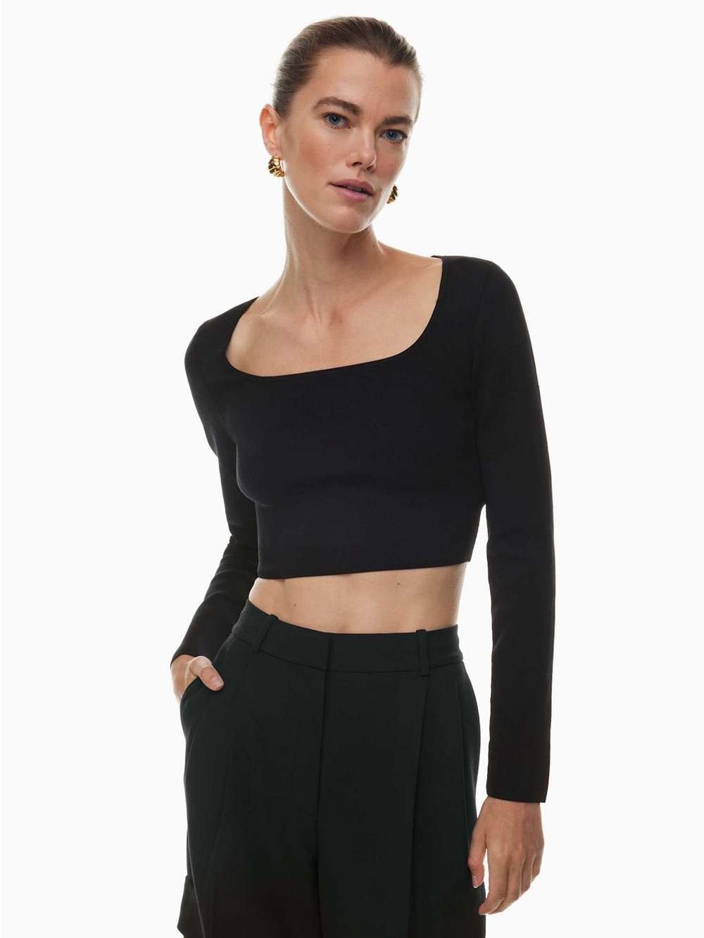 Sunday Best Aritzia Black Square Neck Long Sleeve Crop Top Size Medium Fall Chic
